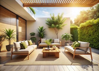 Obraz premium Minimalist Patio Design, Outdoor Furniture, Modern Backyard, Neutral Colors, Bright Lighting, Clean Lines, High Quality