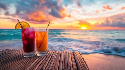 Colorful cocktails on a tropical beach during sunset with waves gently lapping at the shore. Generative AI