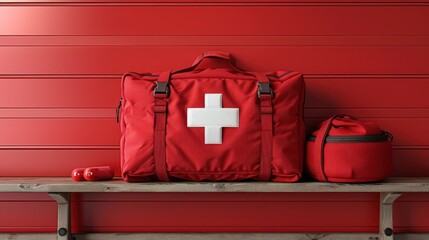 A red first aid kit on a wooden shelf, emphasizing safety and preparedness.