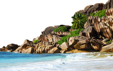 Grande Anse beach in La Digue Island isolated on transparent PNG background, Seychelles.