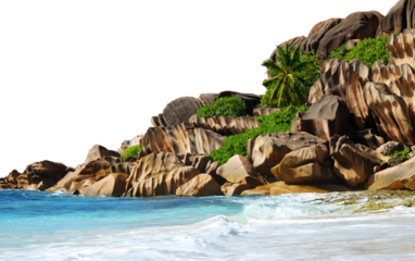 Grande Anse beach in La Digue Island isolated on transparent PNG background, Seychelles.