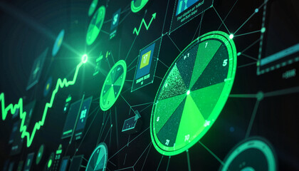 Futuristic data visualization with green graphs and charts on digital screen
