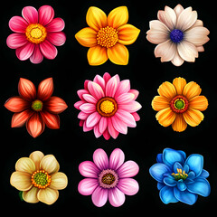 Vibrant Floral Collection, Nine Colorful Flower Illustrations on Black Background