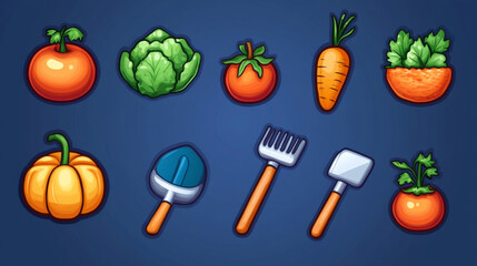 Farm game vegetable and tool icons set isolated on background. Vector cartoon illustration of carrot, pumpkin, tomato, pickaxe, shovel for faming or casino user interface design, organic harvest