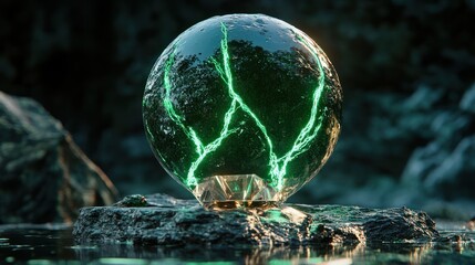 A chromatic metallic orb with glowing green neon veins, floating over a pedestal made of crystal 