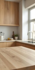 Fototapeta premium Empty light wood tabletop, blurred modern kitchen background, cabinetry, polished, wood grain