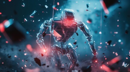 Shattered Robot Amidst a Debris Field of Fragments