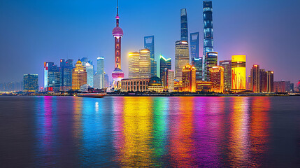 Obraz premium Vibrant Cityscape, Illuminated Skyscrapers Reflecting on Calm Waters at Night