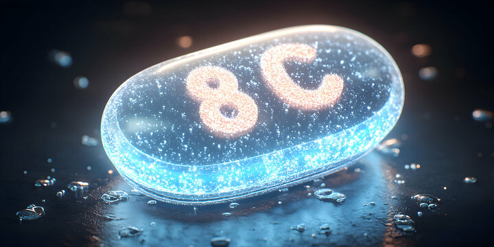 Glowing 8C Capsule, Abstract Digital Art, Futuristic Science Concept,  Illuminated Glass, Particle Effects, Shiny Surface