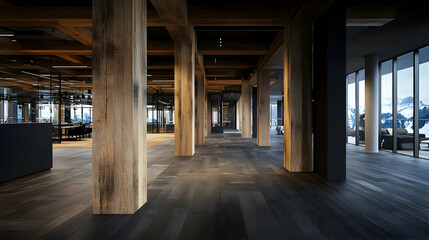 Modern Office Interior, Spacious Workspace with Wooden Columns and Panoramic Mountain Views