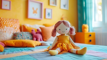 Bright and cheerful handmade doll sitting alone in a cozy colorful bedroom
