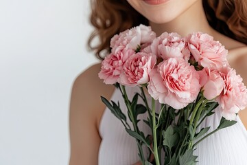 Beautiful woman with a bouquet of carnations, closed eyes, perfect skin, white background, beauty concept