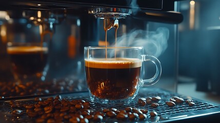 Espresso Brewing Process: Aromatic Coffee Preparation in a Modern Cafe
