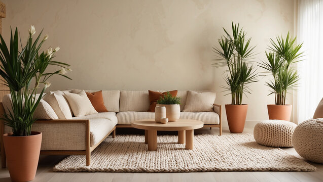 A minimalist living space with muted walls, lush greenery in minimalist pots, clean-lined wooden furniture, a soft rug, and gentle lighting, blending natural warmth with contemporary simplicity