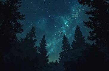 Fototapeta premium Night Sky Above Silhouetted Pine Trees In A Forest
