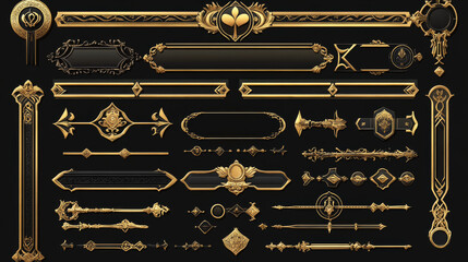 Game ui frames, gold medieval menu elements, buttons or banners with golden ornate rims. Empty royal gui bars for rpg or arcade, glossy borders, web design interface Cartoon 2d vector illustration