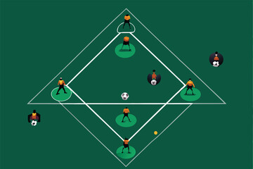 Create a clear diagram illustrating various ball possession strategies in team sports, showcasing passing lanes, player positioning, and defensive counter-measures.