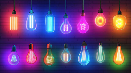 Neon tube lamps, long luminescence fluorescent multicolored bulbs, light for night club, advertising or signboards, artificial lighting. Halogen glowing elements, Realistic 3d vector illustration set