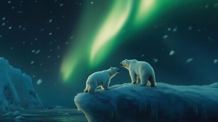 Fototapeta premium Polar Bears on Ice Floe Under Aurora Borealis