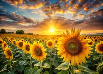 Obraz premium Sunrise Sunflower Field - Golden Horizon