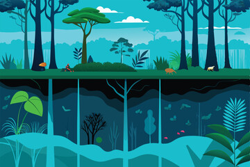 Create a detailed cross-section illustration showcasing the diverse layers and life of a rainforest biome, highlighting its rich biodiversity and complex ecosystem.