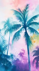 A painting of a tropical scene with a palm tree in the foreground. The painting is full of bright colors and has a dreamy, peaceful mood