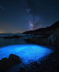 Night Sky Milky Way Over Glowing Ocean Shore