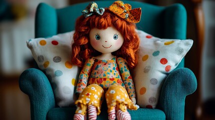 Adorable handmade doll sitting on a soft fluffy chair with bright playful patterns