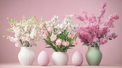 Fototapeta premium Beautiful spring flowers, blooming cherry branches in vases and Easter eggs. Greeting card template, background, backdrop, wallpaper, banner, poster