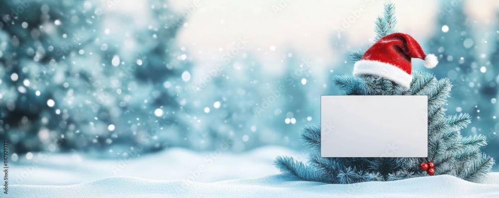 Wall mural Christmas tree with a blank sign wearing a Santa hat, surrounded by a snowy winter landscape and soft blue background, creating a festive holiday