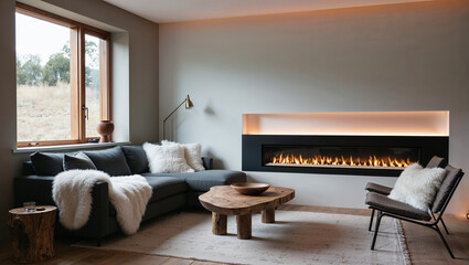 Minimalist living room with a beige sectional sofa, natural linen cushions, sleek white walls, a low wooden coffee table, and warm ambient lighting creating a cozy, modern atmosphere
