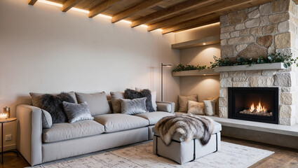 Minimalist mid-century living room featuring a vintage walnut coffee table, a sleek cream-colored sofa, tapered wood legs, brass floor lamp, neutral tones, and a single statement art piece on the wall