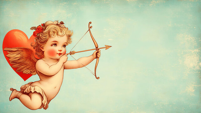 Lindo Cupido con coraz&oacute;n rojo , disparando su flecha y con espacio para escribir