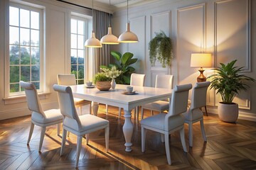 Obraz premium White Dining Table, Low Light, Elegant Interior