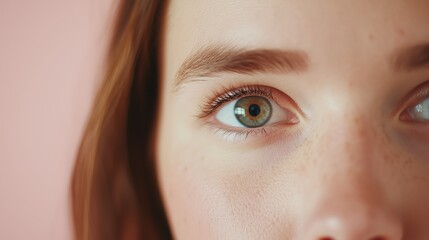 A detailed close-up of a striking green eye framed by long lashes and delicate freckles, with soft skin tones and a blurred pink background