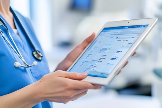 A healthcare professional is using a tablet to access patient data in a clinical setting, showcasing modern technology in medicine.