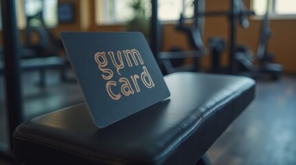 A photorealistic image of a gym membership card featuring the inscription "gym card" in a bold, modern style, placed on a gym bench with workout equipment in the background. 