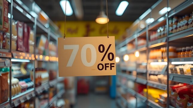 A warm and soothing professional photograph of a supermarket aisle with a 70% off discount sign, lit by soft candlelight_x4. Soft pastel colors and warm candlelight glow create a gentle atmosphere.