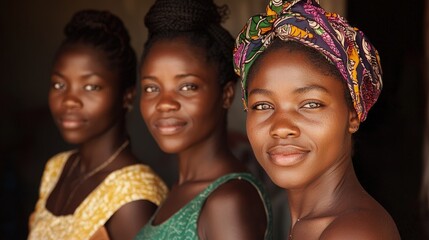 Fototapeta premium Three beautiful young African women with radiant dark skin stand together in a close-up portrait smiling softly against a dark background.