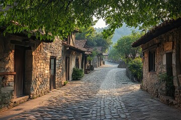 Stone street in a quaint village, sunlight filtering through trees.
