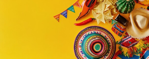 Cinco de Mayo party scene. Top view of essential elements: vibrant sombrero, vihuela, a cactus, a serape, flags on a string, chilli pepper, nachos, all on yellow backdrop, placeholder for message
