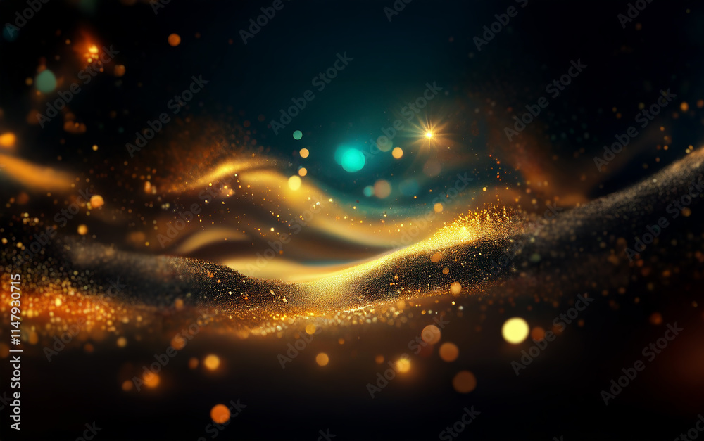 Poster a dark background with a glowing, abstract wave of gold dust, glittering with light.