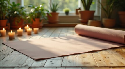 A serene image of a yoga mat laid out on a wooden floor, surrounded by candles and plants, creating a calming atmosphere for practice. Perfect for promoting yoga and wellness products.