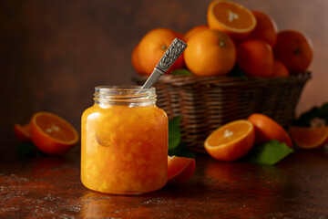 Orange jam and fresh fruits on a brown vintage table.