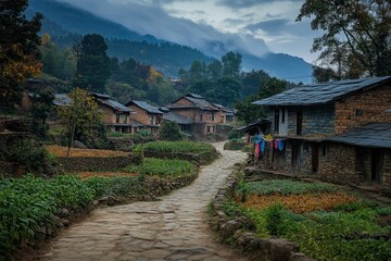 Stone village path, mountain houses, autumn crops.