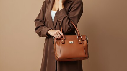 Beauty and fashion. Stylish fashionable woman with brown bag. Mocha Mousse colors 2025. AI generated 