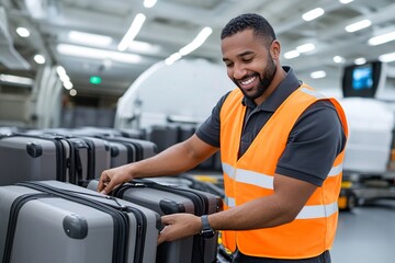 A smiling airport worker in an orange vest organizes luggage in a bright, spacious baggage area.