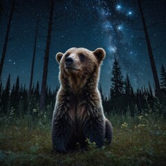 Obraz premium A bear cub with fur patterned like a starry night sky, playing in a cosmic forest.