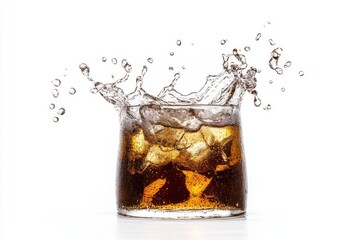 A glass of soda with ice cubes in it is splashing water out of it. Concept of fun and excitement, as if the soda is being played with
