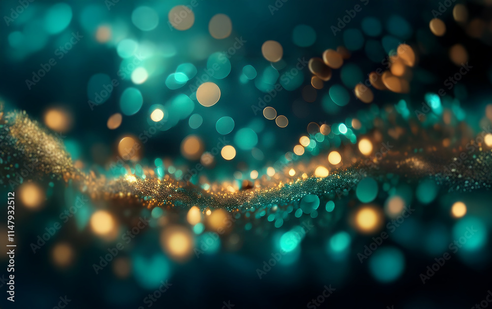Poster a dark, abstract background with shimmering gold and teal bokeh.